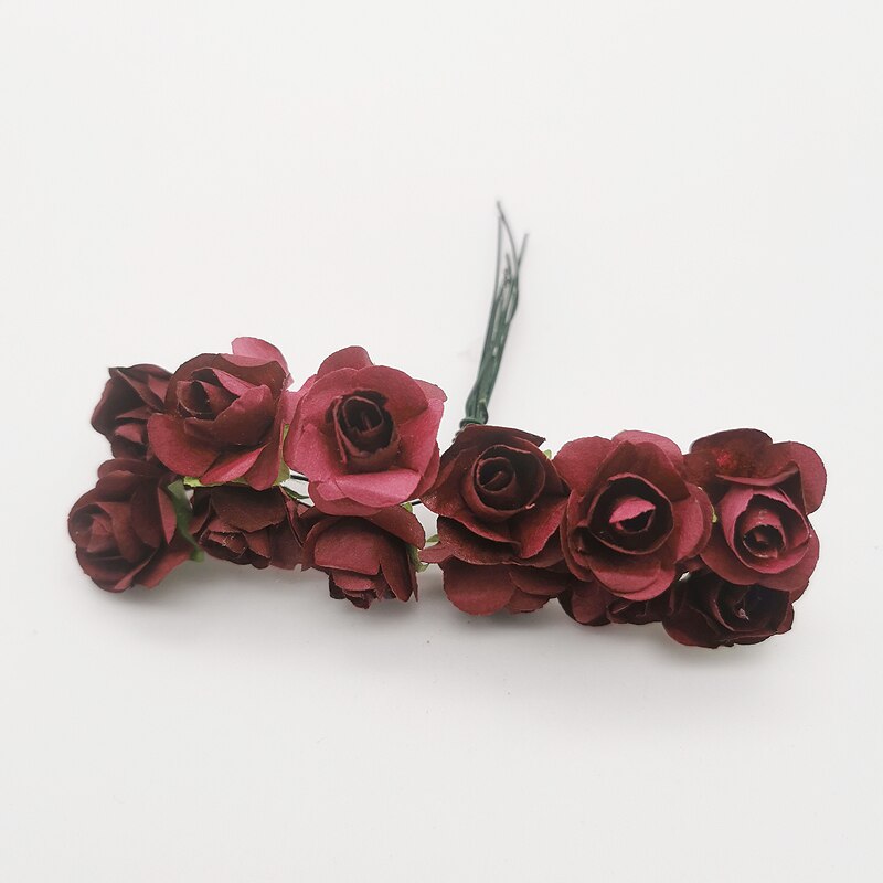 12 stk mini blomsterhode kunstig papir blomster rose brukt til bryllupsfest håndverk dekorasjon 19 farger: Vinrød