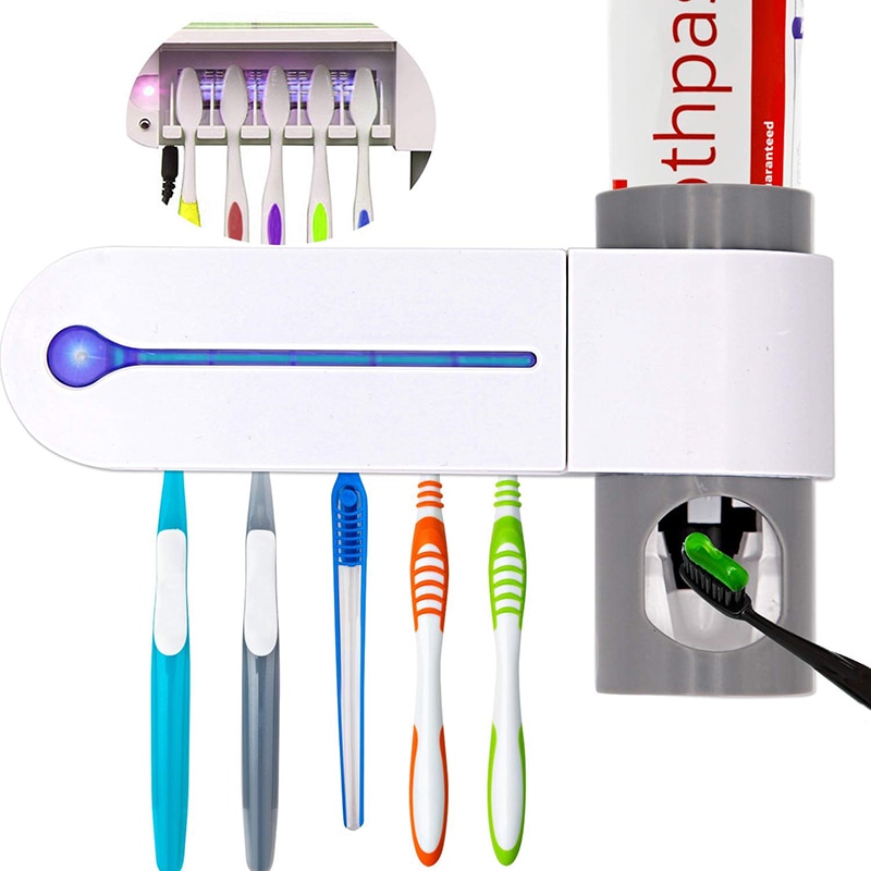 Natuurlijke Bamboe Tandenborstel Sanitizer Sterilisator Houder Met Uvled Licht Sterilisatie Wandmontage Automatische Tandpasta Dispenser