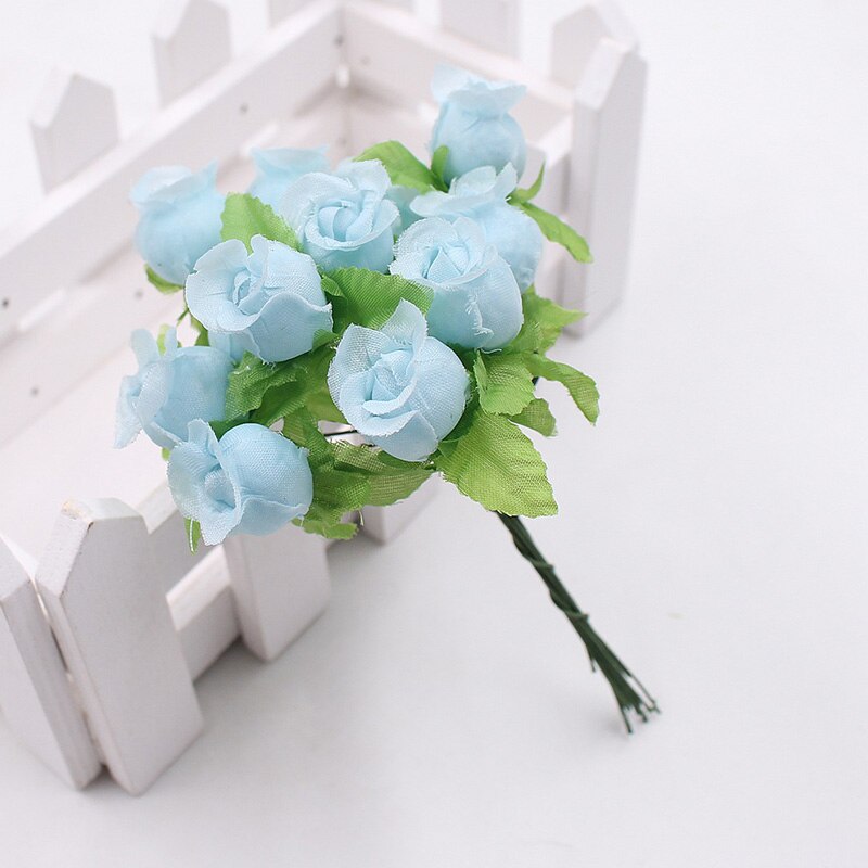 1 bukett 12 blomhuvuden mini ros konstgjord siden blomgren små rosenknoppar för hemmet bröllopsfest gör-det-själv-inredning: 17