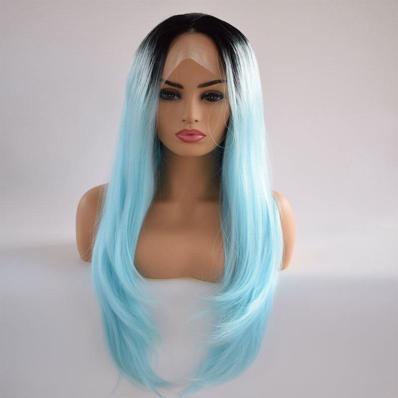 bomba czarny Ombre niebieskie włosy syntetyczne koronkowa peruka na przód jedwabiste proste włókno termoodporne włosy środkowe rozstanie dla kobiet peruki
