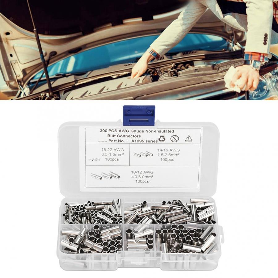Conector de cable de empalme a tope de cobre no aislado, Kit de terminales de crimpado estañados para barco, Terminal de cable automático plateado, 300 piezas