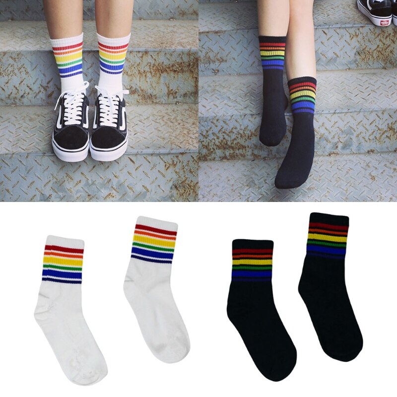 Harajuku Regenboog Gestreepte Kousen Cool Skateborad Lange Sokken Sokjes Vrouwelijke