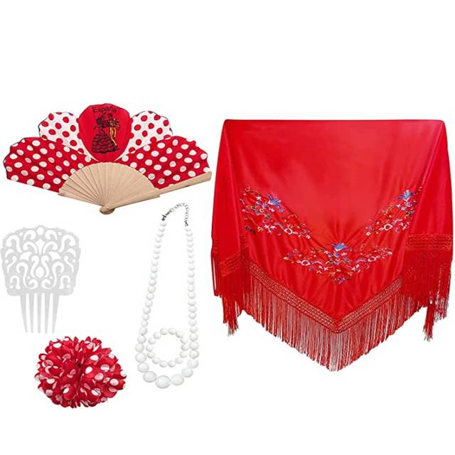 Accesorios Mantilla de Flamenca para Mujer, Disfraces de Sevillana para de Abril Feria, Pack Completo Accesorios: Rojo