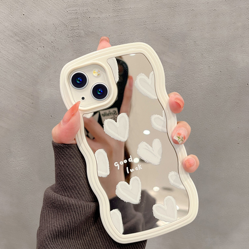 Funda coreana con espejo de maquillaje de corazón blanco encantador para iPhone 14 15 16 Pro Max 13 11 12 14 Plus XS X XR cubierta suave a prueba de golpes