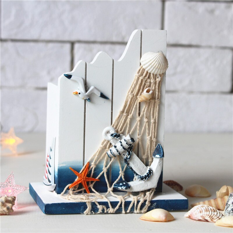 Mediterranean Wooden Storage Box Sea Bird Sailing Pencil Barrel Multifunction Home Office Desktop Decoration Organizer