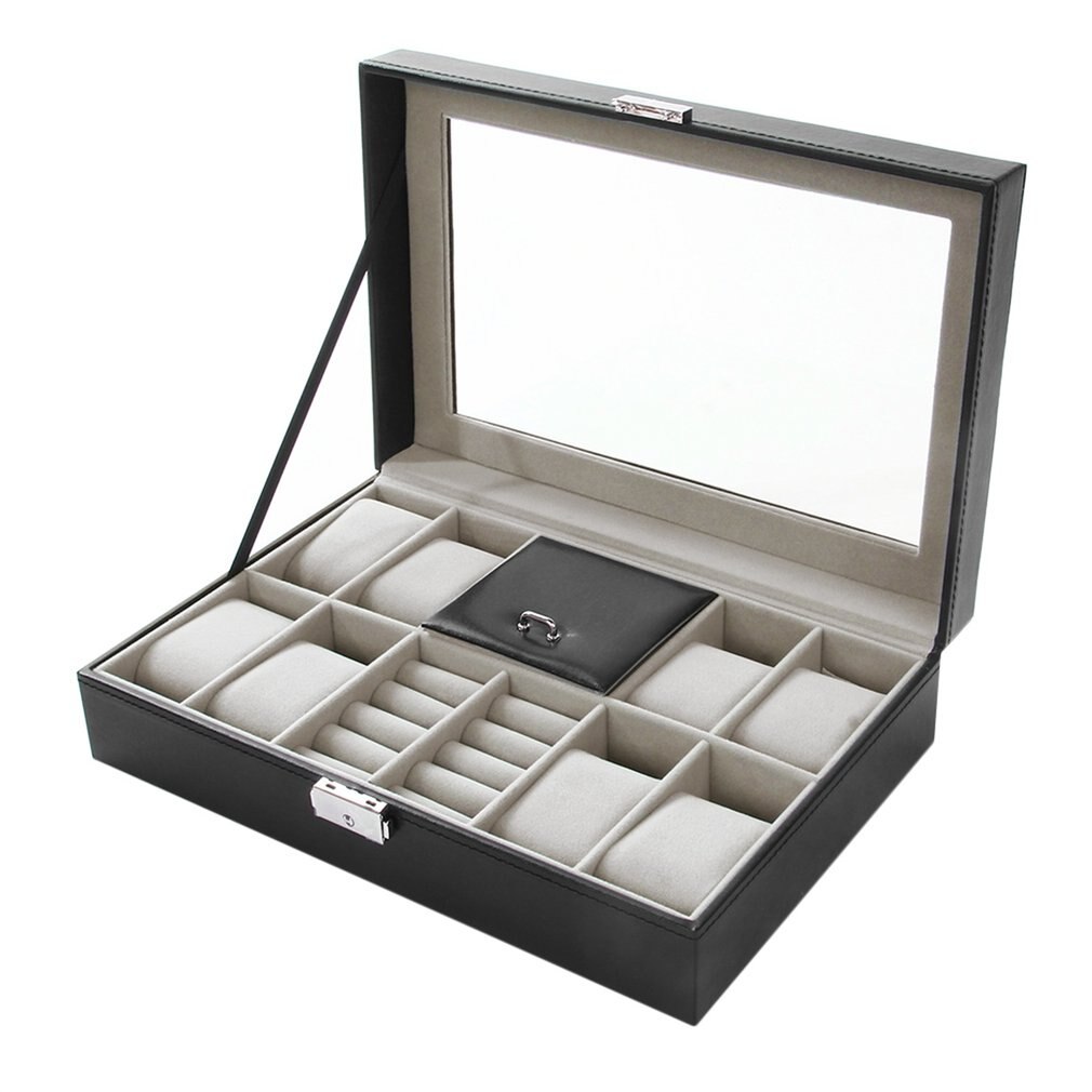 Multi-grids Leather/Carbon Fiber Watch Box winder watch Storage Box glasses Organizer Earrings Rings Jewelry Display Holder: 7
