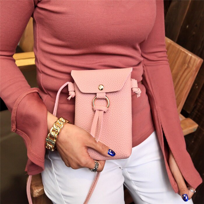 XZXBBAG Women PU Leather Messenger Bags Mini Cell Phone Pocket Cellphone Pouch Students Crossbody Case Girl Small Shoulder Bags: Pink