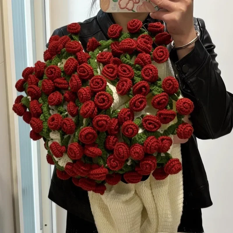 Finished Rose Blanket Sweater Hand Knitted Rose Bouquet Crochet Blanket Lily Of The Valley Throw With Milk Cotton Fringe Plaid B: WHITE