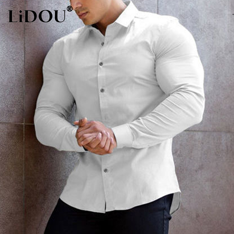 Spring Autumn Super Slim Fit Plain Bussiness Long Sleeve Men's Shirts Anti-wrinkle Muscle Polo Neck Solid Business Blouses Homme: XXL / WHITE