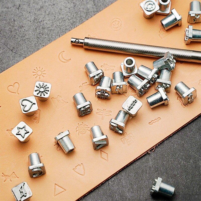 Lmdz 32 peças-ferramenta para carimbo de couro, estampa artesanal de couro curtido, faça você mesmo