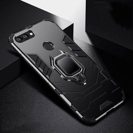 Luxo Caso Armadura À Prova de Choque Para Huawei Honor 7A Pro Com Suporte de Silicone TPU + PC Tampa Traseira Acessório Para Honor7A pro 5.7 de polegada: black / Case and Car Holder