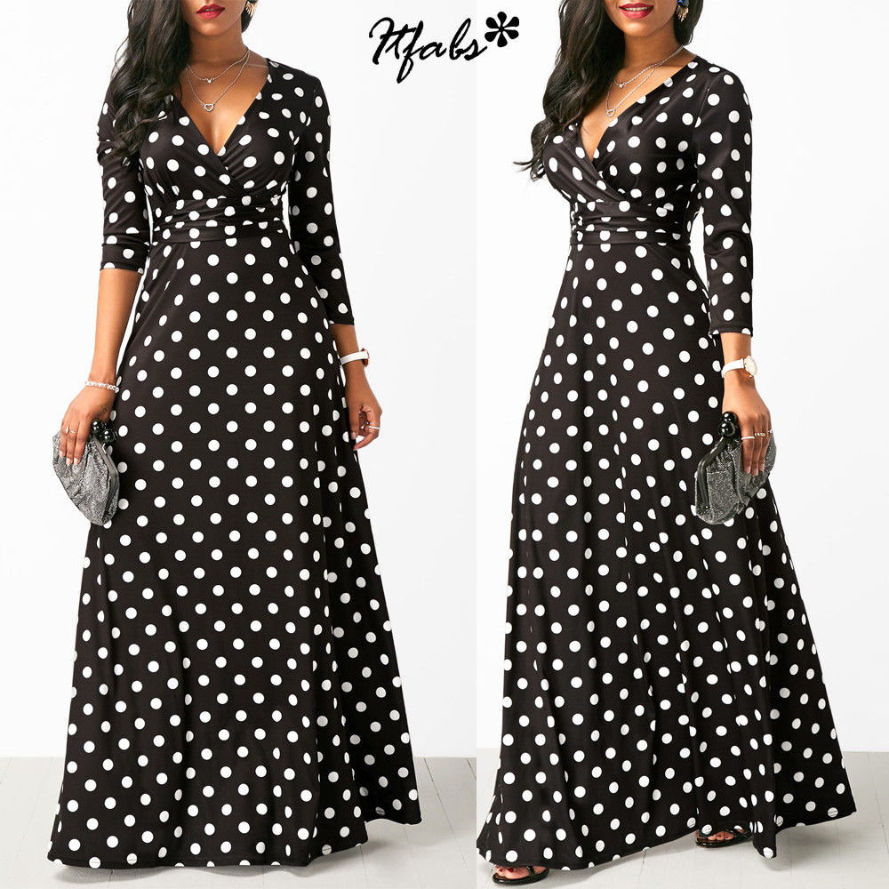 Vestido largo femenino de verano con manga tres cuartos, traje bohemio con estampado de puntos y escote en V para mujer, estilo étnico
