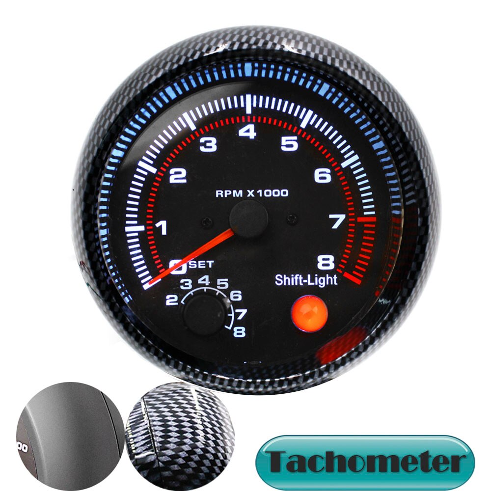 Tacómetro de 3,75 pulgadas y 95mm para coche, medidor LED de Color blanco, calibre automático de 12V [fibra de carbono o Color negro] TAC 0-8000 RPM