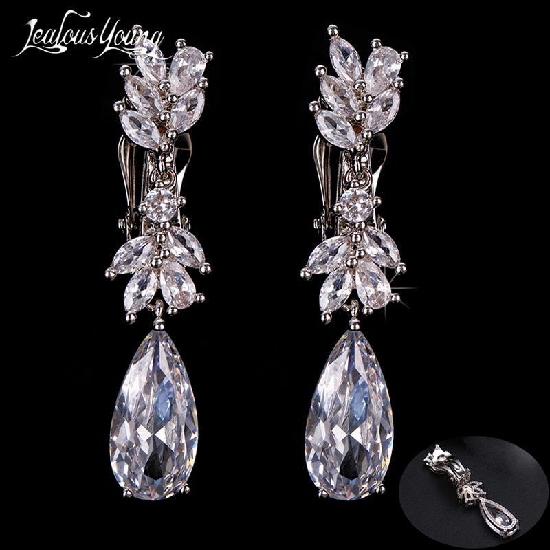Leaf Zircon Clips Earrings for Women Silver Color Water Clip Earings Long Crystal Wedding Ear Cuff Jewelry
