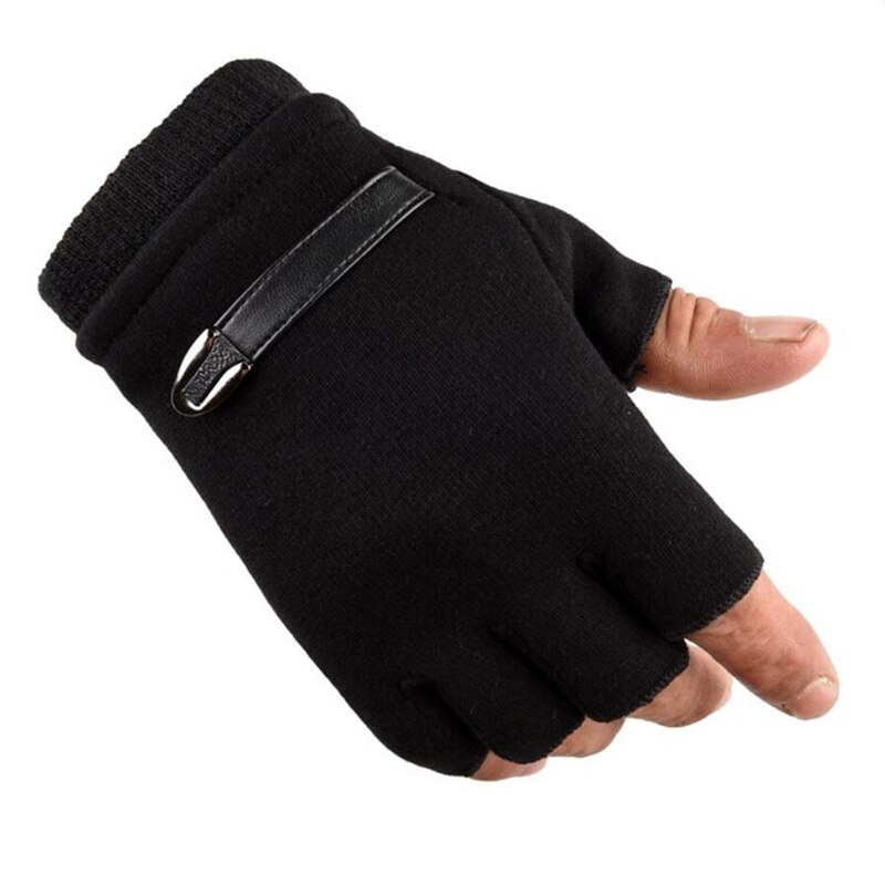 Mandlige afslappede fingerløse handsker halvfinger mænd elastiske handsker vanter vinter varme handsker til mandlige: Fløjlsort