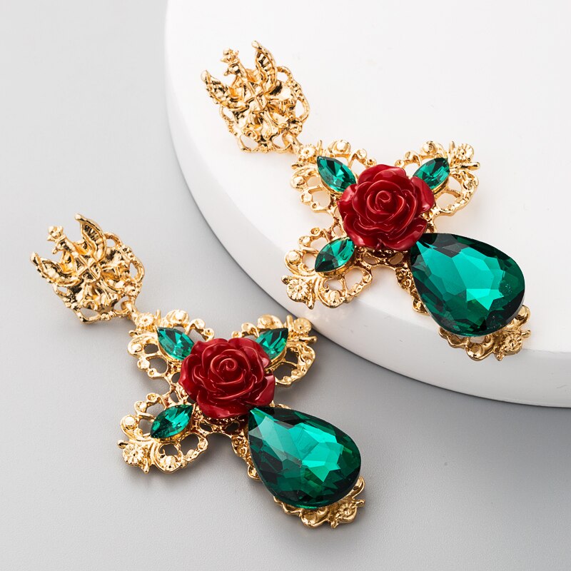 Za gothic statement oorbel voor vrouwen rood groen grote rozenbloem gouden kruis etnische feest oorbel