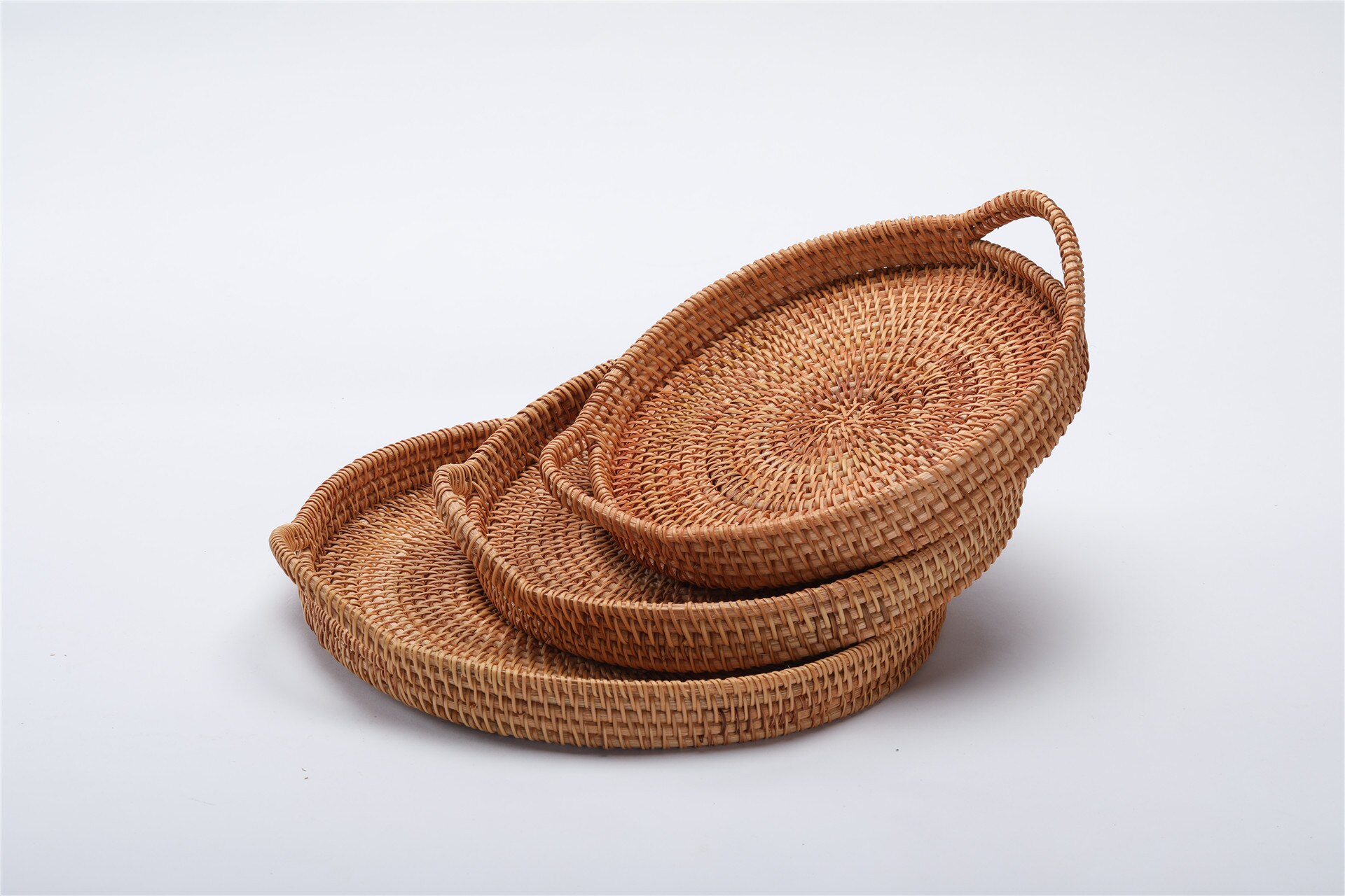 Vietnam Rattan Woven Household Picnic Fruit Plate Snack Storage Basket with Handle Hand-woven Tray Organizer Home Decoration: 3PCS