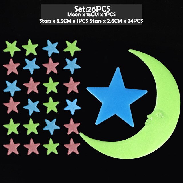 Fluorescent Luminous Kids Bedroom Storage Rooms Star Children's Glow in the Dark Toys Sticker Adhesive Sticker: 26PCS Moon and Stars