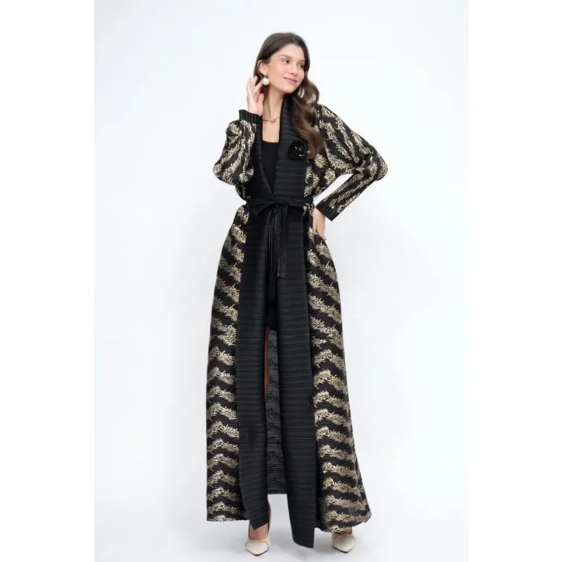 KAF Plissee Frauen Graben Mantel Jahrgang Gedruckt Strickjacke verlieren Plus Größe Frauen Lange Kleid Dubai Weibliche Luxus Abaya 2024: Marineblau