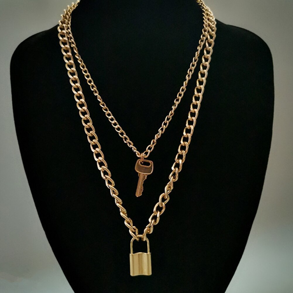 Punk retro metal nøglelås vedhæng halskæde kvindelig sølv farve lang kæde kraveben halskæder til kvinder hals smykker: Guld lås nøgle