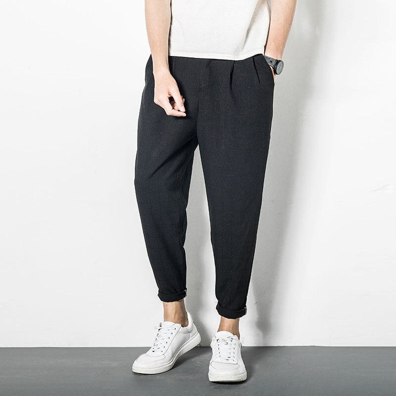 Japanischen Jahrgang Leinen Plaid Tasche Breite Quer verlieren Gabelung Hiphop Harem Jogger Streetwear Knöchel-Länge Schlauch Plus Größe Koreanische