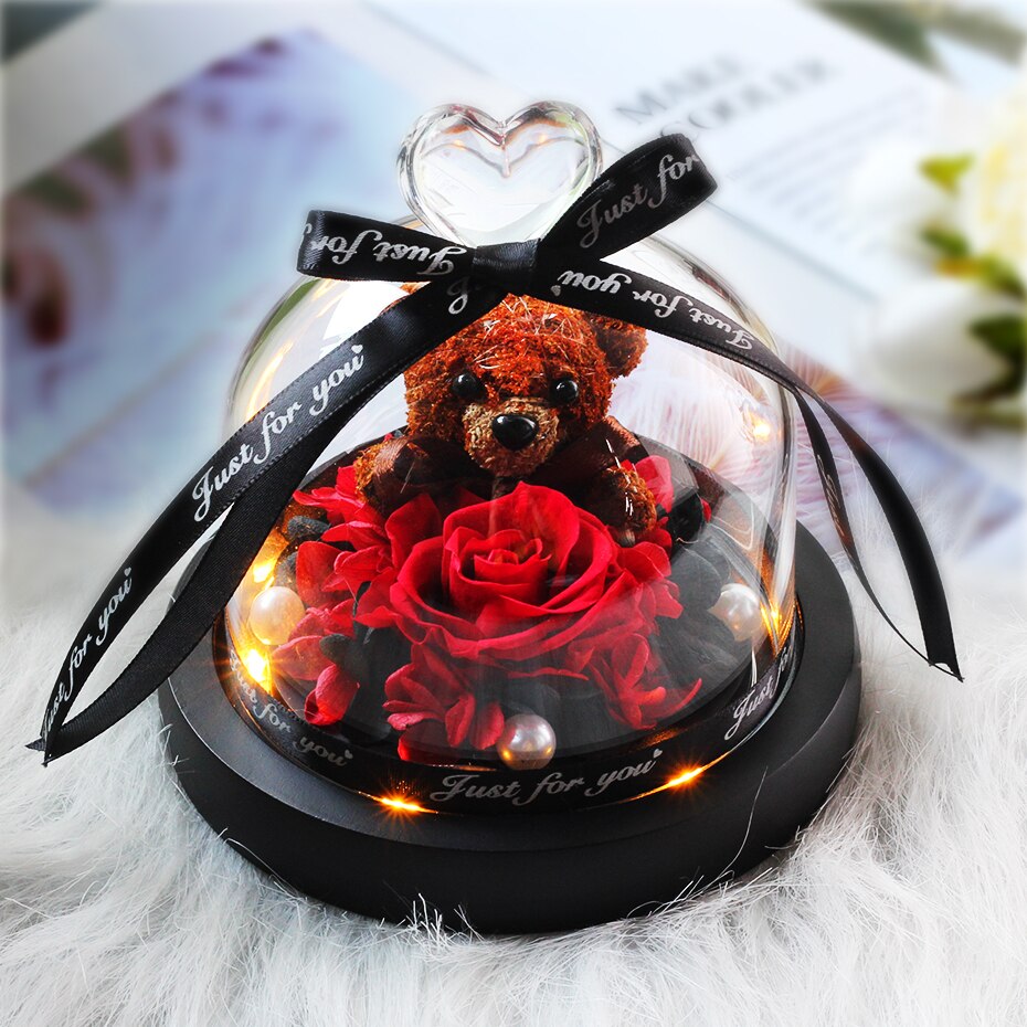 Getrocknete Blumen Ornamente Erhalten Rosen Bears in Glas Abdeckung mit Lichter Hochzeit Weihnachten Neue Jahr Wohnkultur für Mädchen: B26