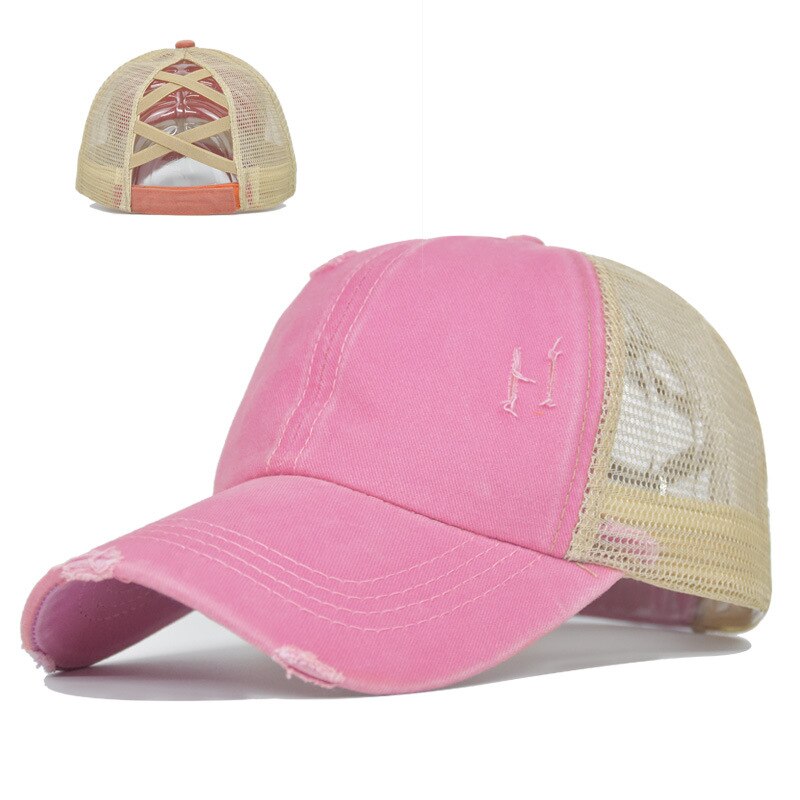 spring product elastic cross ponytail cap hole ponytail cap washed cross ponytail mesh cap female braid hat womens hat: CC606-7Pink