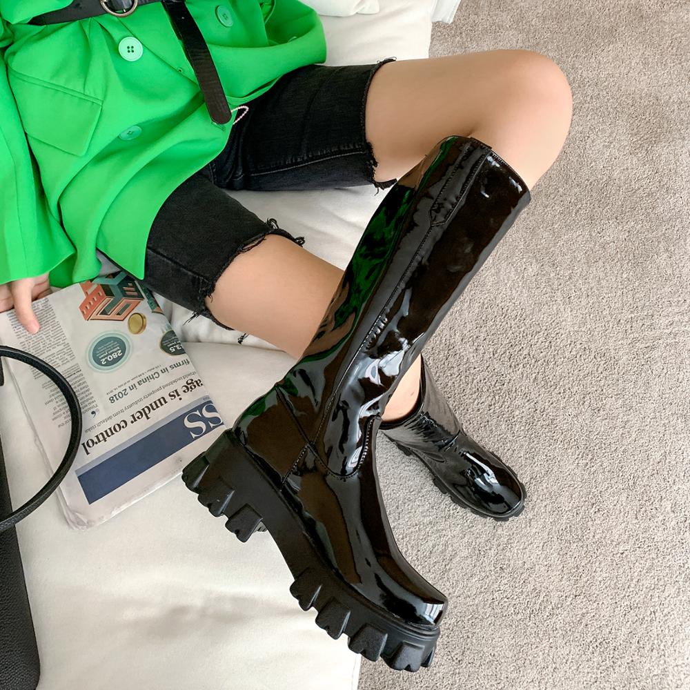 Heldere Leer Hoge Waterdichte Platform Innerlijke Verhoogde Ronde Teen Over De Knie-Lengte Laarzen Lakleren Platte Hak Platform