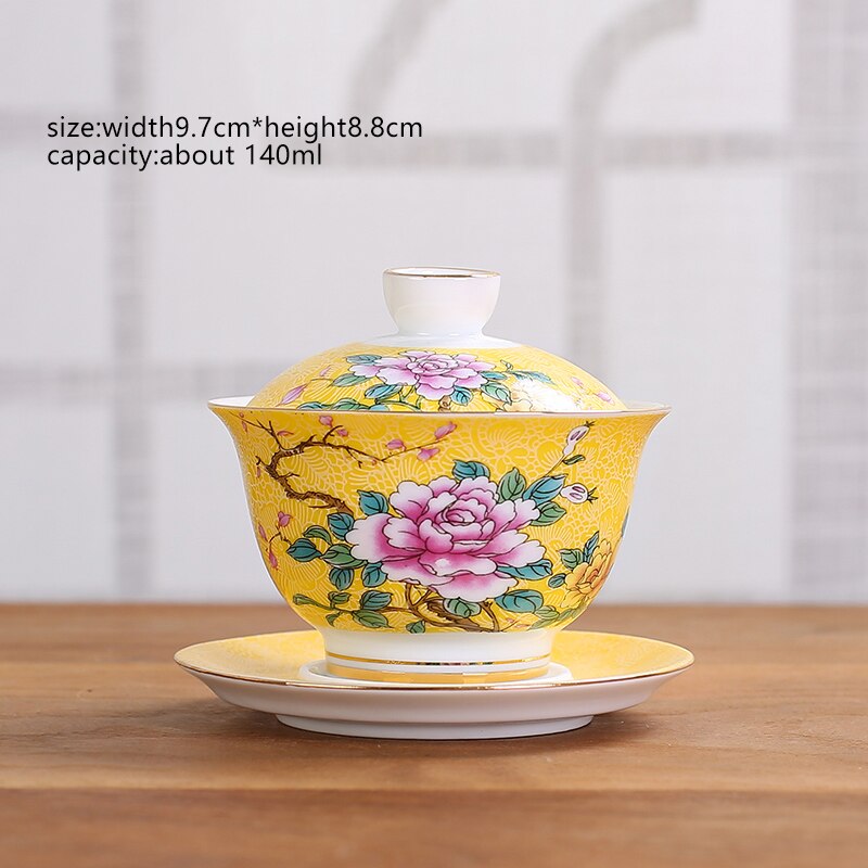 Cuenco de té de porcelana de cerámica con flores, 145ml, juego de platillo con tapa, esmalte, taza maestra Gaiwan china, vajilla de: G Style