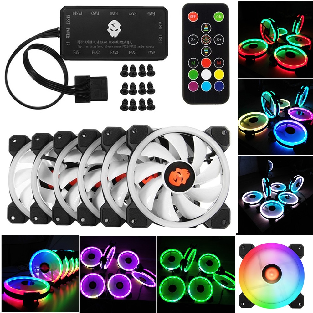 6pcs 120mm Computer PC Cooler Cooling Fan Double Ring RGB LED Fan With Remote Control 366 Modes For CPU