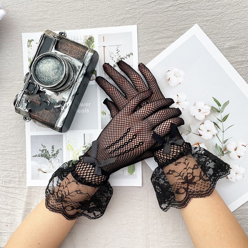 Women Summer Uv-proof Sun Protection Driving Gloves Bridal Mesh Fishnet Lace Flower Gloves Mittens Full Finger Hand Sleeve 2022: Style 03 Black
