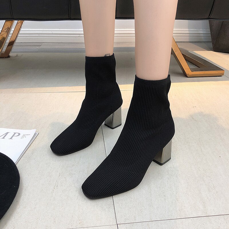EOEODOIT Herbst Karree Stiefel Socke Schuhe Unterhose Auf Hohe Quadratische Ferse Frauen Pumpen Schuhe strecken Stoff