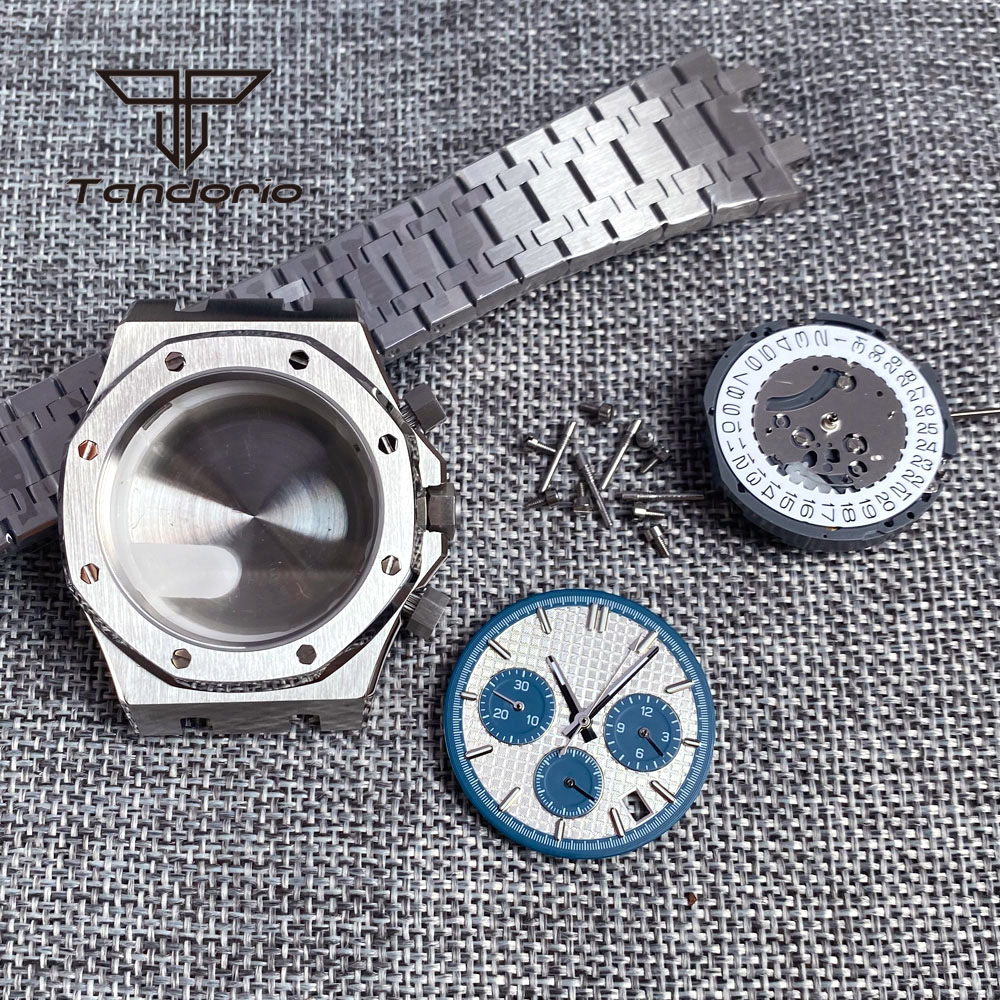 Roestvrijstalen Geborsteld 42Mm Horlogekast Armband Achtkant Bezel Saffier Crystal Fit Vk63 Vk64 Chronograaf Quartz Uurwerk
