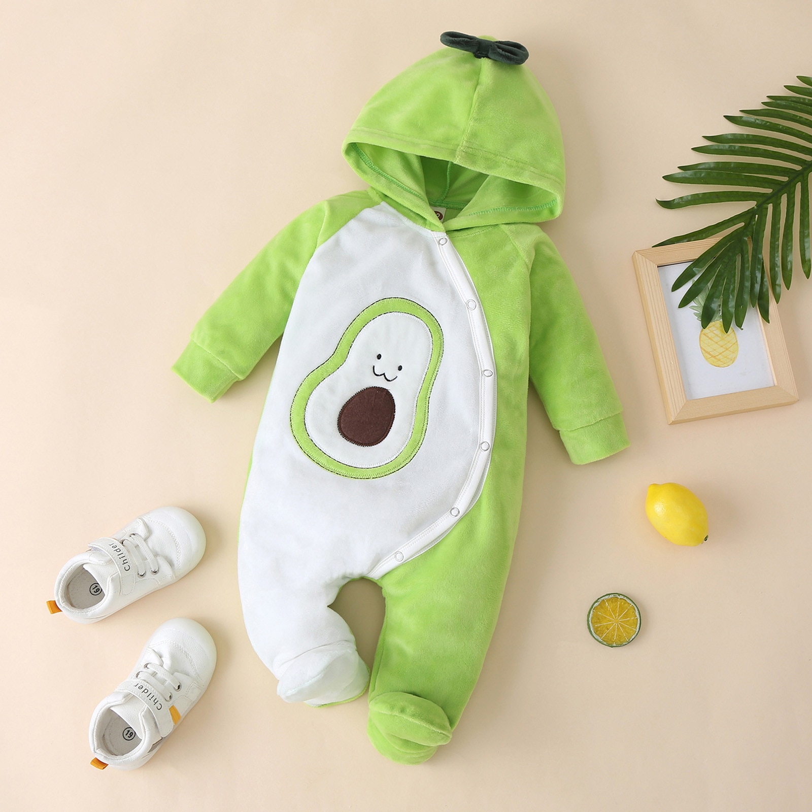 3-18Months Cartoon Avocado Print Baby Baby Jongens Meisjes Cartoon Hoodie Romper Jumpsuit Kleding Groene Elf Pak Schoeisel Leuke M5