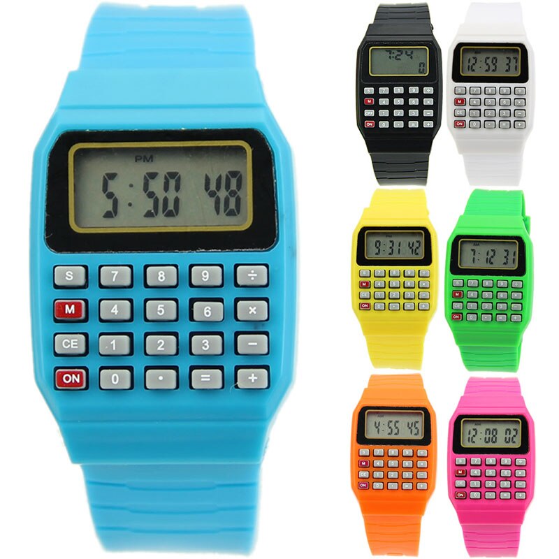 Calculadora electrónica para niños, reloj de pulsera con teclado multiusos con fecha de silicona, 667C