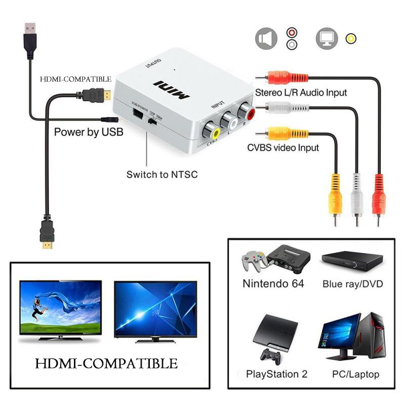 Composite AV Video Converter Adapter MINI HDMI-compatible to 3RCA CVBS for TV PS3 VHS VCR DVD Black