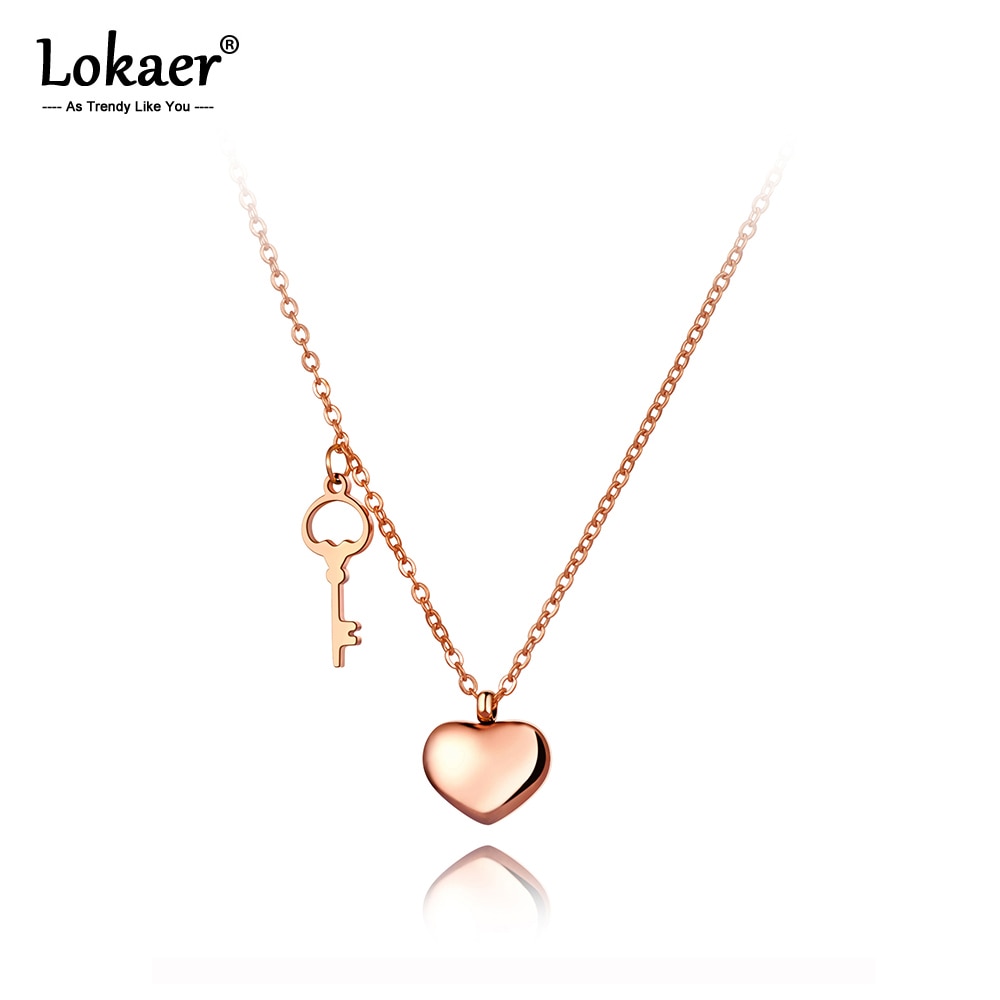 Collar Lokaer moderno de acero inoxidable con corazón de amor y collares con colgante de llave, cadena de oro rosa y gargantilla de enlace para mujeres y niñas N20058