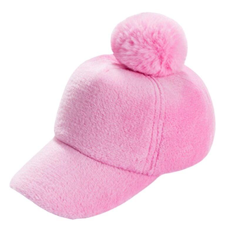 Girls Fleece Winter Baseball Cap Cute Pink Pom Pom Snapback Adjustable Cap Youth Kids 5-10 Years