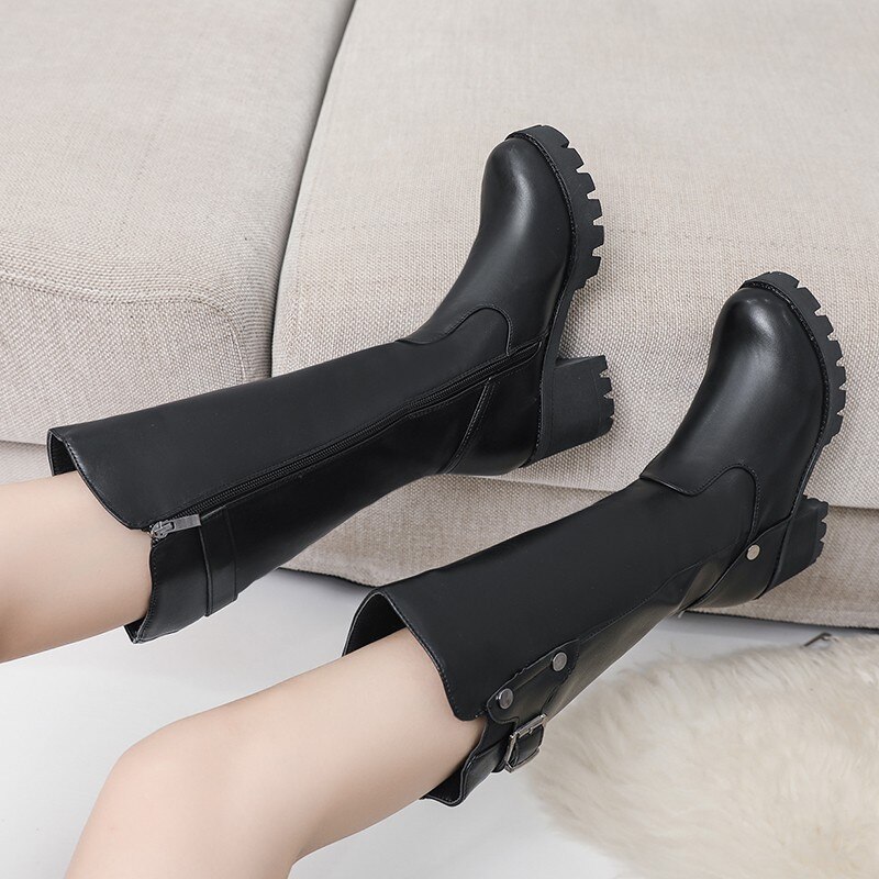 Botas AQ563 de talla grande 42 para mujer, botas de invierno para mujer, botas de invierno vintage de punta redonda, tacón medio grueso, cálidas hasta la rodilla, Bota femenina para madre