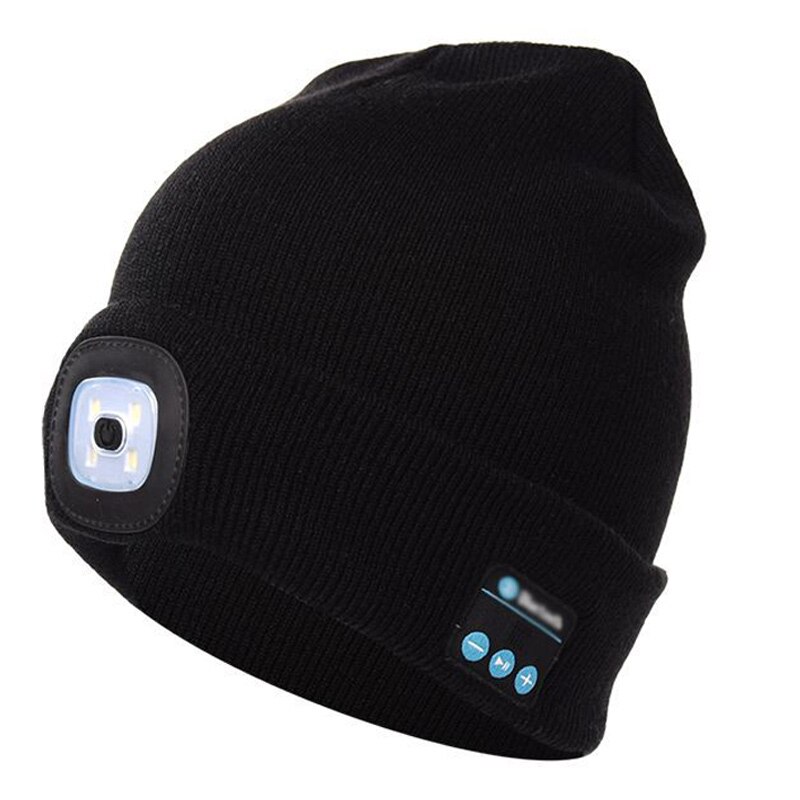 Sombrero de punto abrigado con Bluetooth, gorro con música, Auriculares deportivos estéreo inalámbricos, luz LED, para acampar, senderismo, pesca y montar: Negro