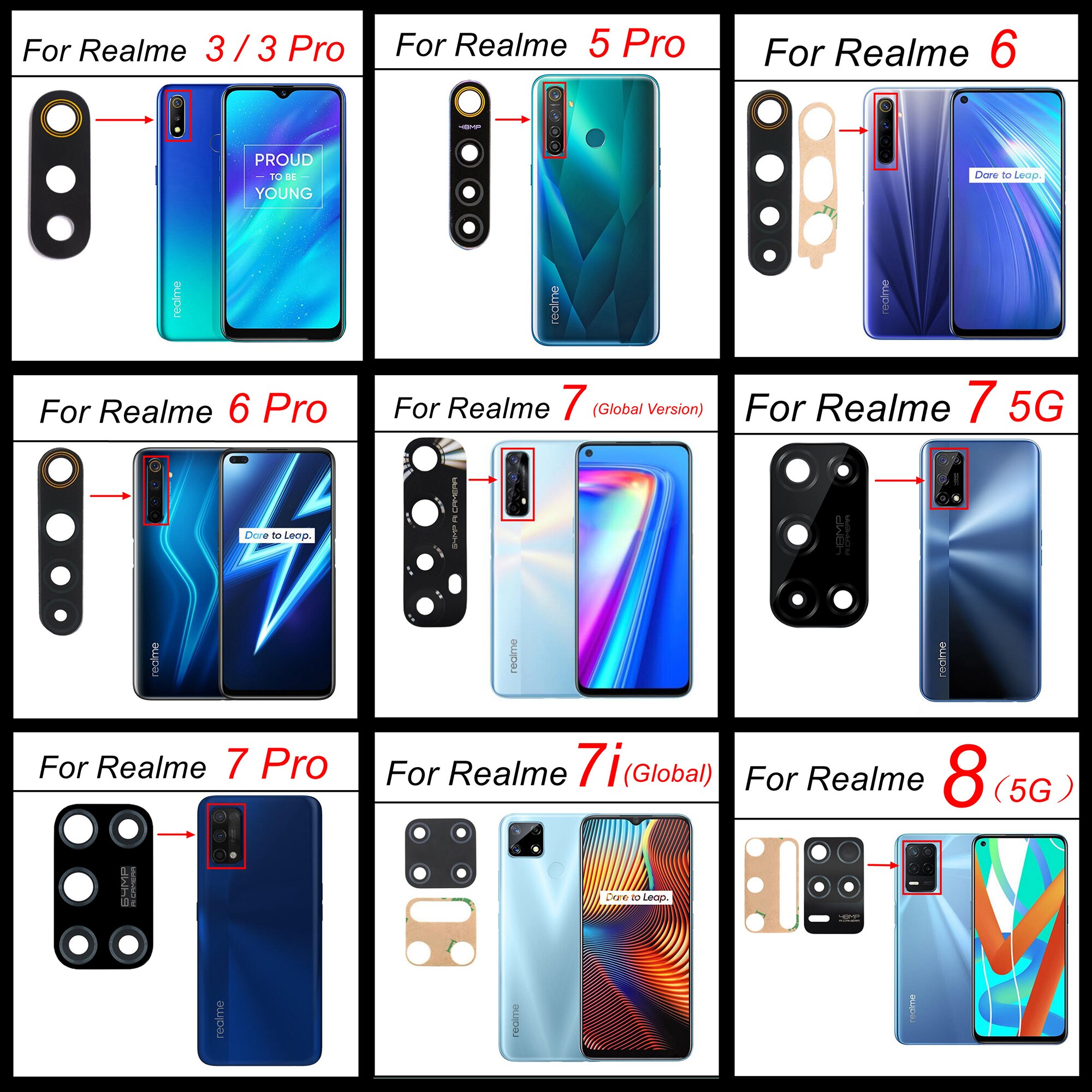 Tylna kamera szklana osłona obiektywu dla Realme 3 5 6 7 Pro globalnego 5i 5S 6i 7i Realme 8 5G główna kamera szkło wymiana + klej