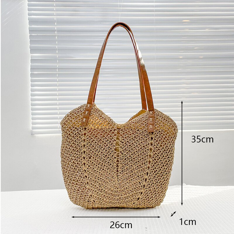 Vierkante Stro Strandtas Handgemaakte Geweven Schoudertas Vrouwen Raffia Shopper Reistas Bohemian Zomervakantie Casual Handtas Totes: e-khaki