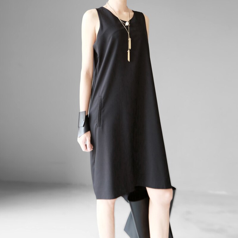VGH vestido negro Casual para mujeres O cuello sin mangas dobladillo Irregular holgado Midi Vestidos Mujer de tendencia ropa verano: BLACK