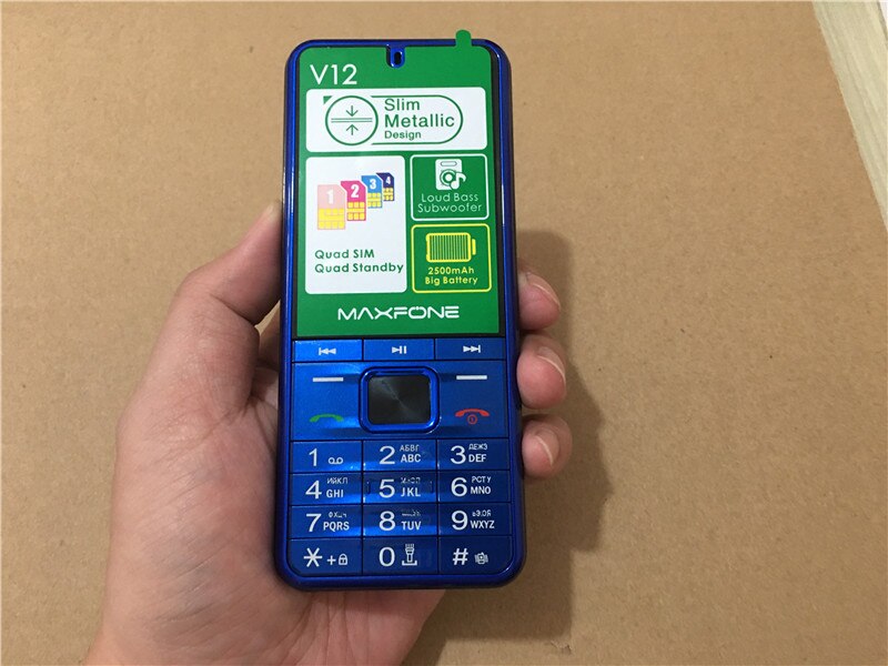 Maxfone  v12 mobiele telefoon met drukknoppen, 2.8 inch quad-sim toetsenbord, bluetooth zaklamp,  mp3 radiocamera, bighorn 4 sim-telefoon: V12 voeg 64gb tf toe / Blauw