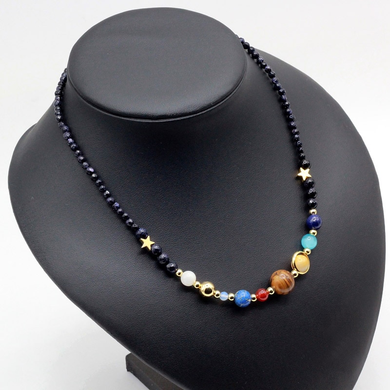 Solar System Necklace Universe Galaxy the Eight Planets Natural Stone Beads Necklaces for Women