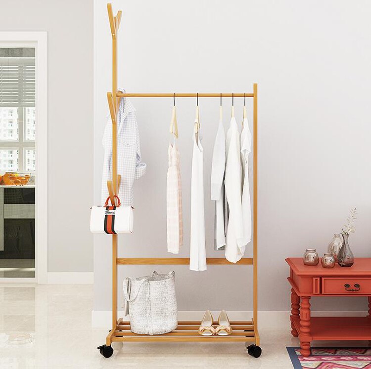 Solid Bamboo floor clothing rack with wheels hat rack bedroom furniture Coat Rack Simple Assembly Bedroom hanger