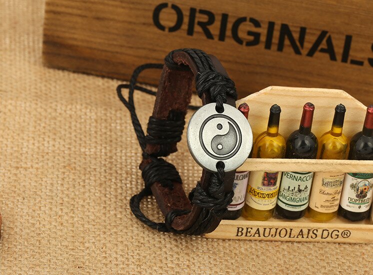 Nuovo Stile Orientale Ying Yang Bracciali in Pelle di Mucca Braccialetti Degli Uomini e braccialetti Femminile Catena di Gioielli A Mano Corda Tai Chi Otto trigrammi: nero
