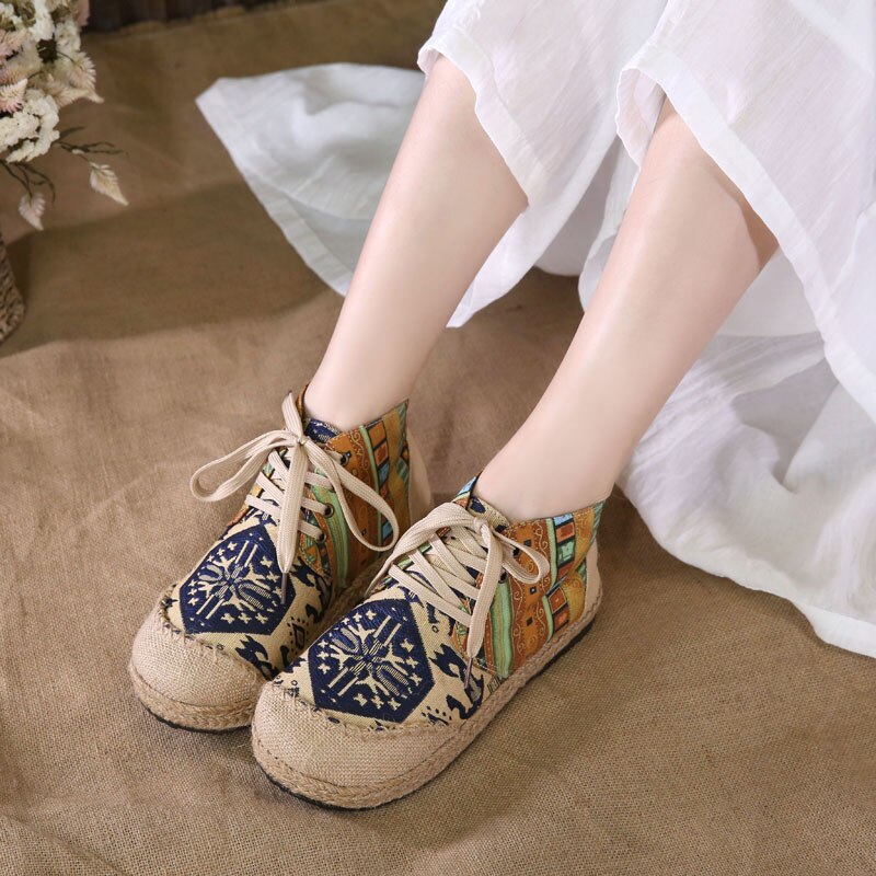 Vrouwen Schoenen Boho Katoen Linnen Canvas Enkele Nationale Geweven Ronde Neus Lace Up Doek Schoenen Vrouw Flats Maat 35-40