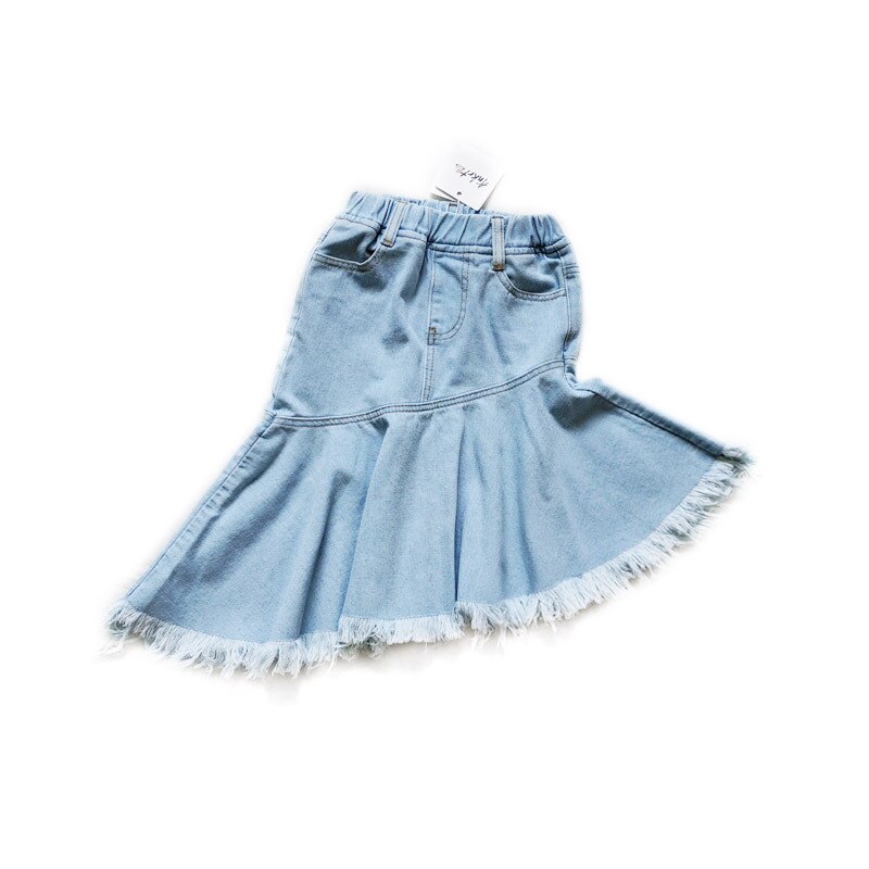 Falda de para niña, Falda vaquera con flecos irregulares, azul claro, longitud media, ropa de de algodón para niño pequeño