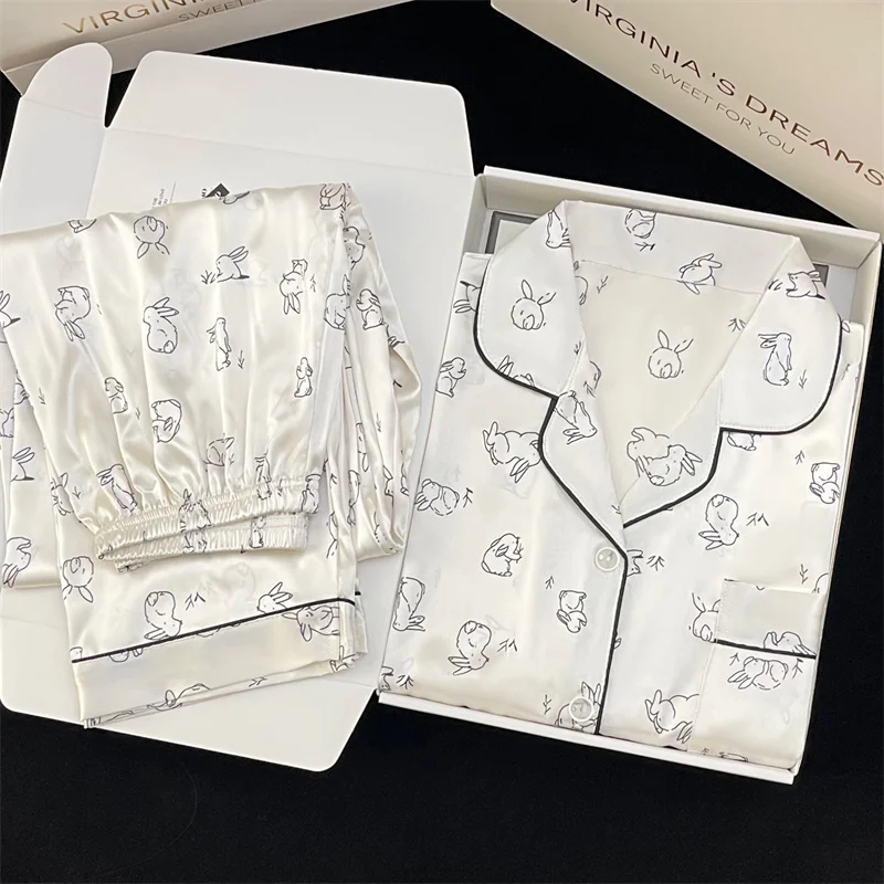 Kawaii jovem menina pjs cetim homewear longo curto moda pijama bonito gato impressão verão novo pijama fino para mulher seda casa conjunto: L / Cáqui